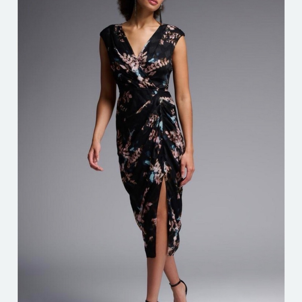 Joseph Ribkoff Romantic Dark Floral Cap Sleeve Midi Dress Sz 8